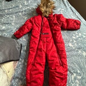 Red Kids Snowsuit with Faux Fur Hood